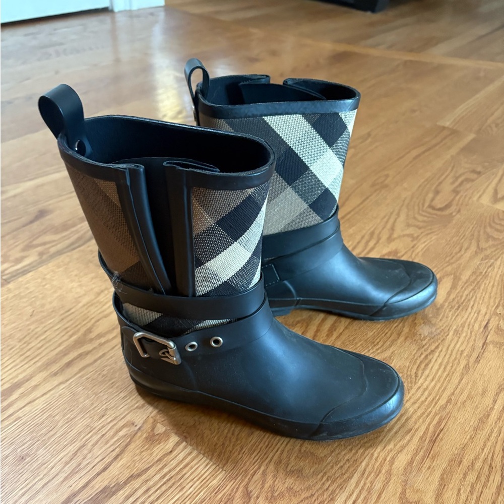 Black tan and cream colored Burberry rain boots